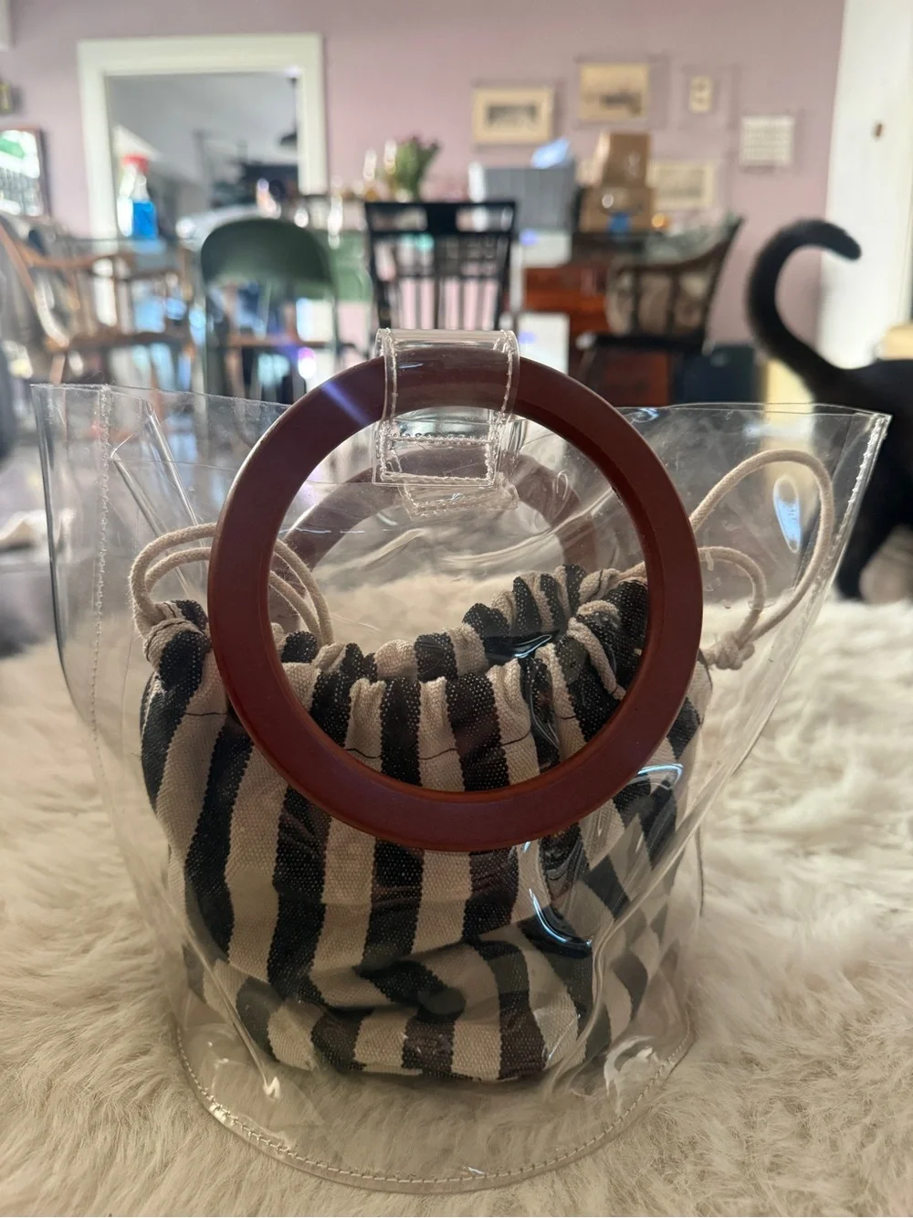 Clear Tote Bag with Black & White Striped Canvas Pouch Forever21 NWT